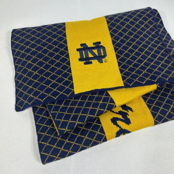 Notre Dame Fighting Irish Long Knit Scarf. Diamond Pattern & Logo In Navy & Gold - Picture 2 of 4